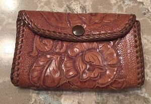 Vintage Hand Tooled Leather Hide Wallet Coin Pouch Brown Flowers